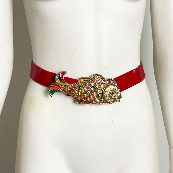 Mimi D In Koi Fish Belt Buckle Gold Metal Enamel Oversized Rare Vintage - Picture 6 of 11
